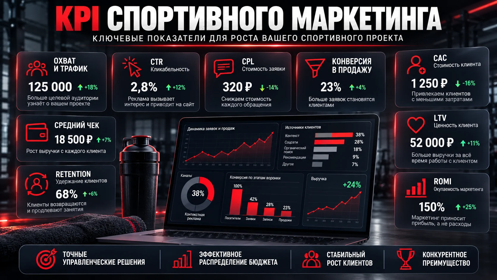 KPI спортивного маркетинга: CPL, CAC, конверсия, LTV, retention и ROMI