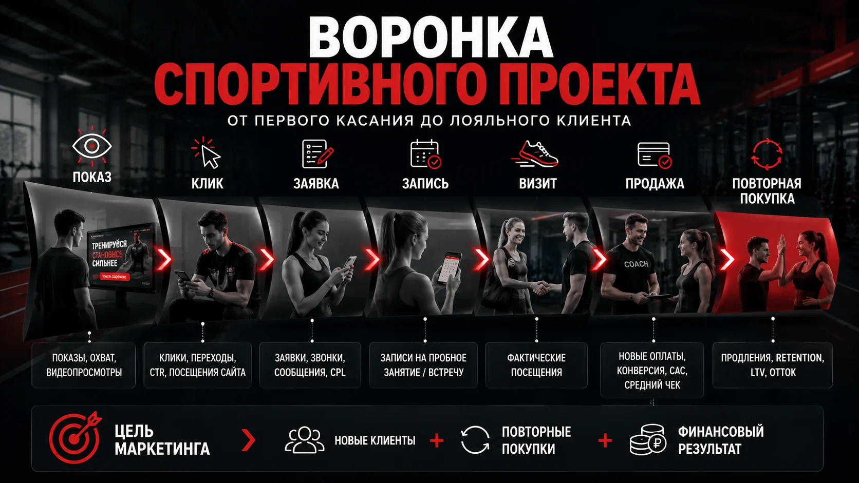 Воронка спортивного проекта от показа рекламы до повторной покупки