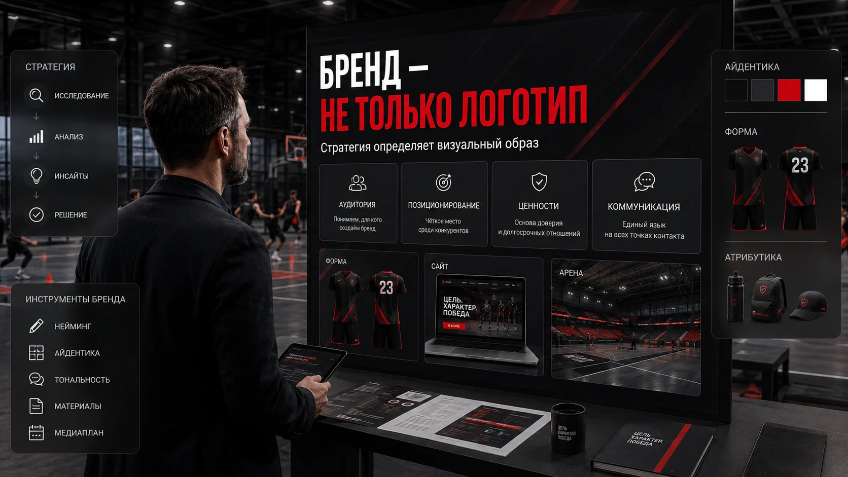 Спортивный бренд включает аудиторию, позиционирование, ценности и коммуникацию, а не только логотип