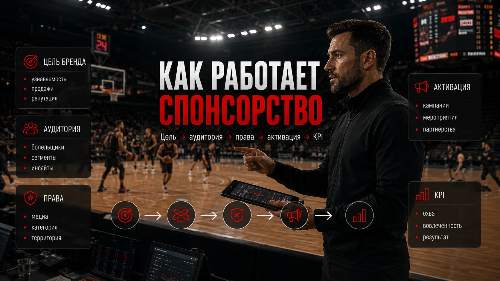Схема спортивного спонсорства от цели бренда и аудитории до прав, активации и KPI