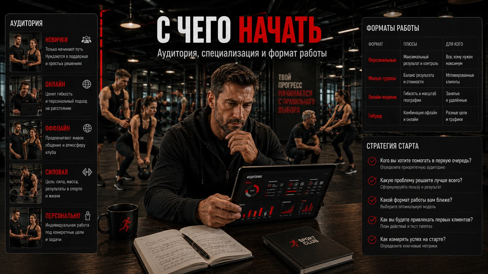 Тренер анализирует аудиторию, специализацию и формат работы