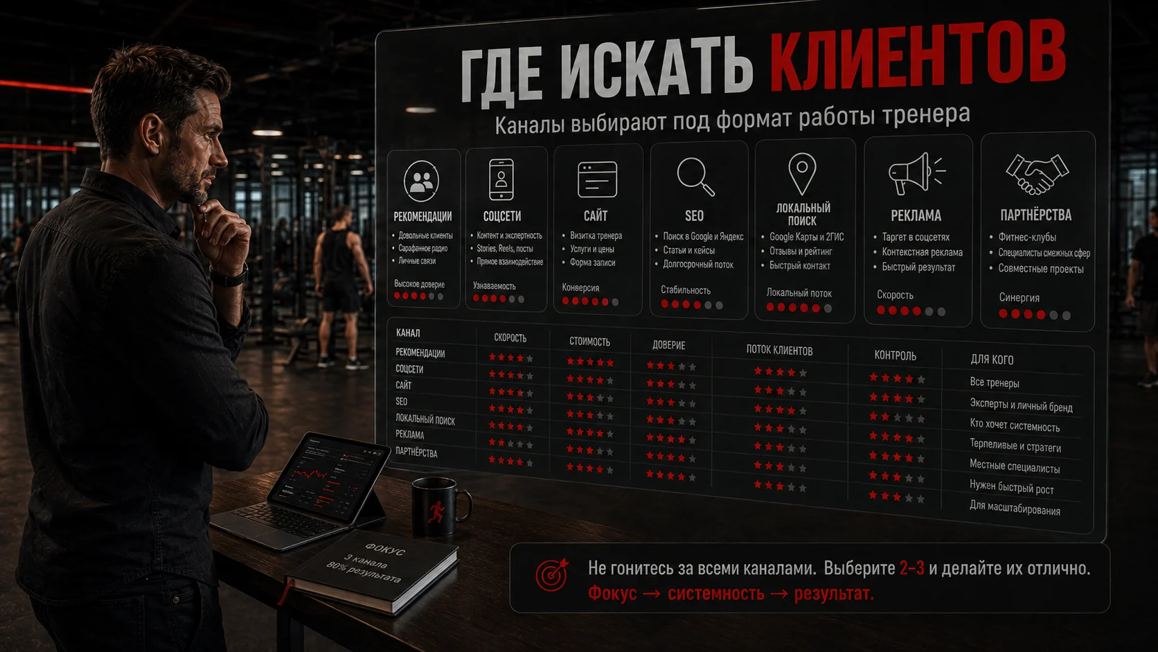 Тренер выбирает каналы привлечения клиентов для продвижения