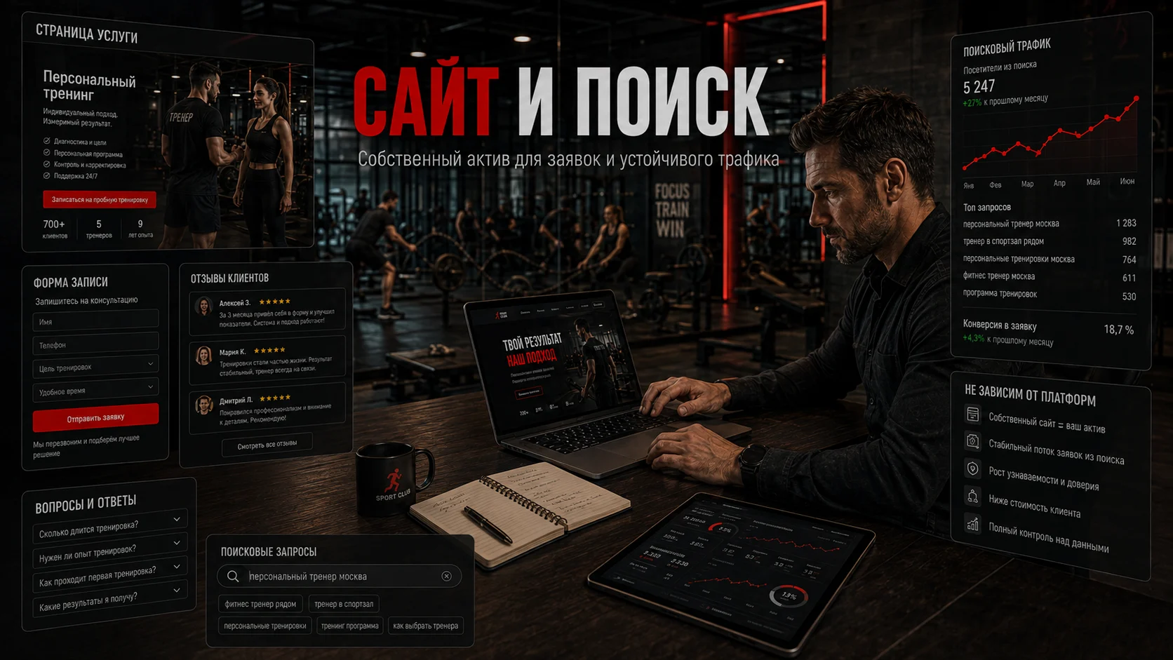 Тренер работает с сайтом, поисковым трафиком и формой записи