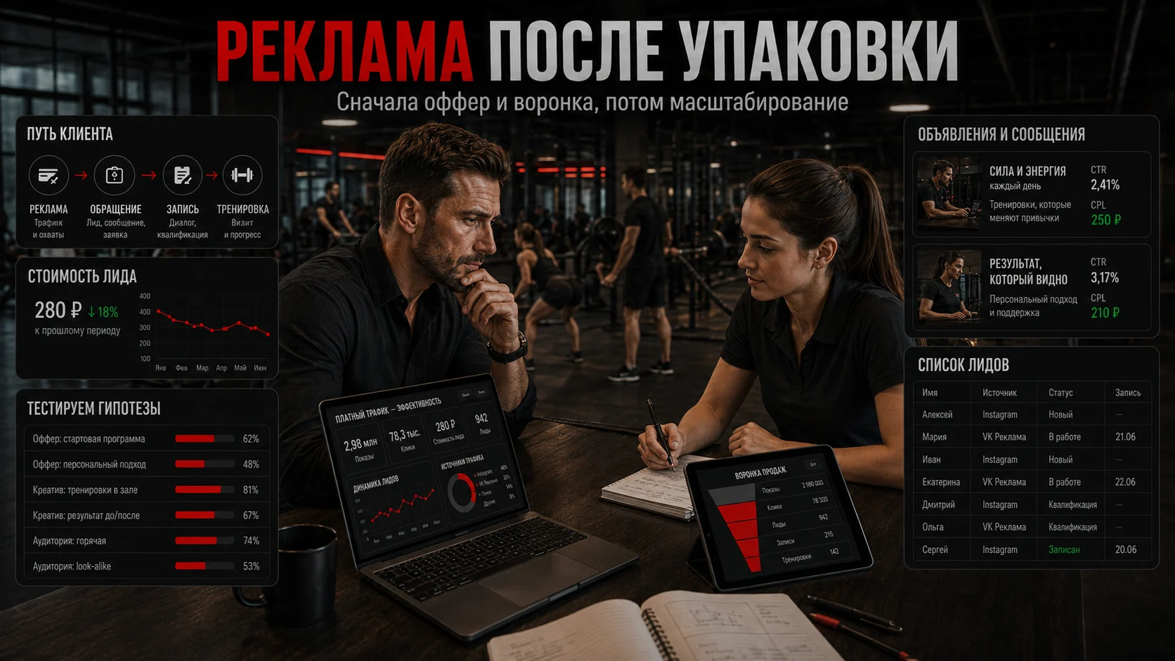 Тренер и маркетолог анализируют рекламу, заявки и воронку продаж