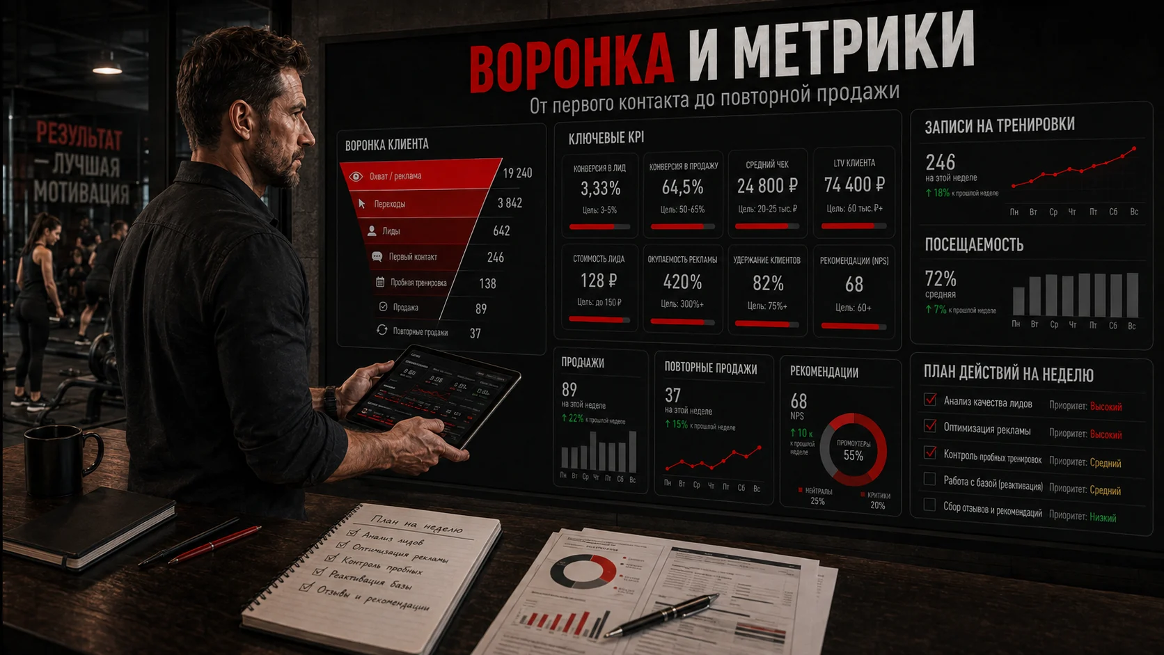 Тренер анализирует воронку клиентов, продажи и ключевые показатели