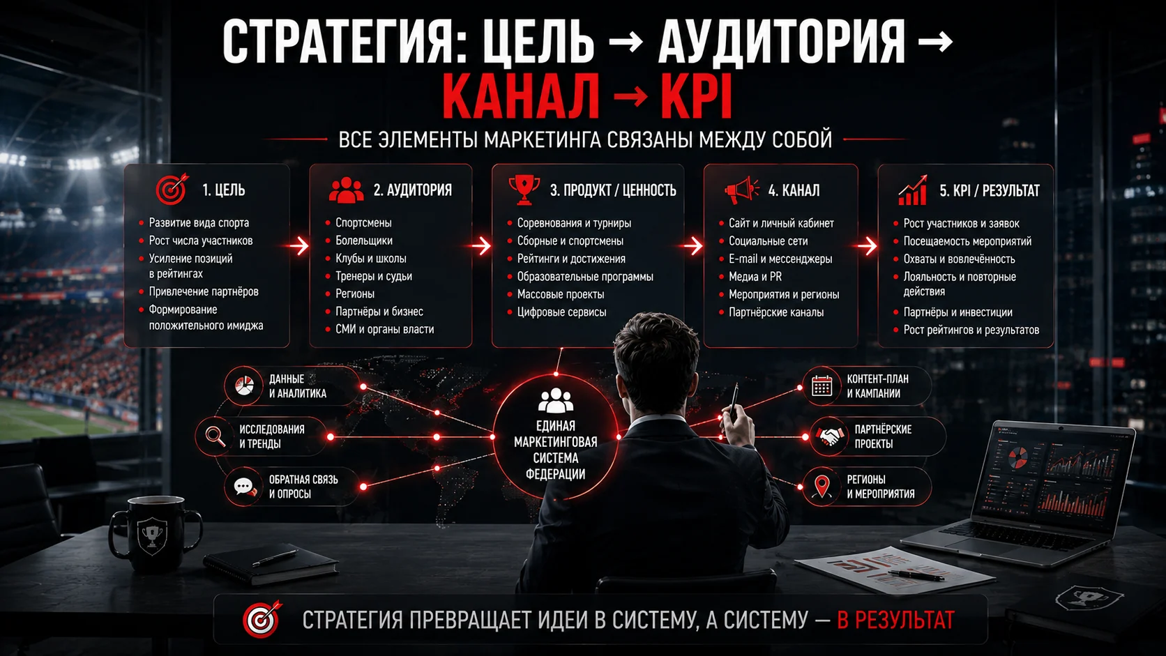 Маркетинговая стратегия спортивной федерации: цель, аудитория, канал и KPI
