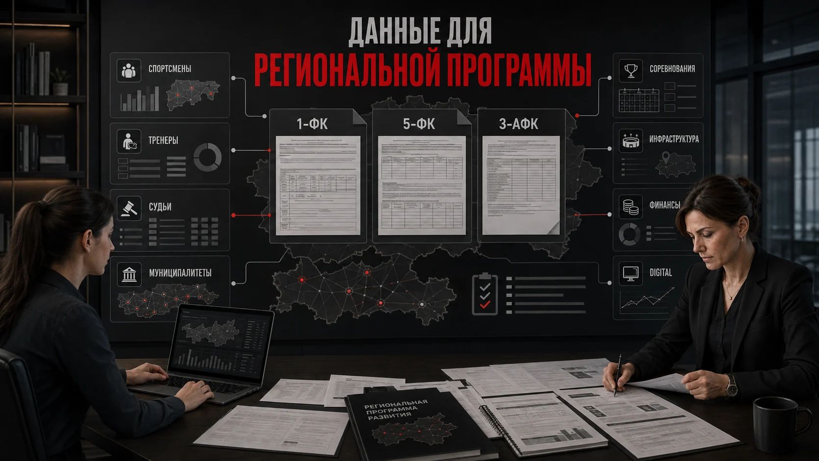 Данные 1-ФК, 5-ФК и 3-АФК, спортсмены, тренеры, судьи, муниципалитеты, соревнования, инфраструктура и финансы для региональной программы