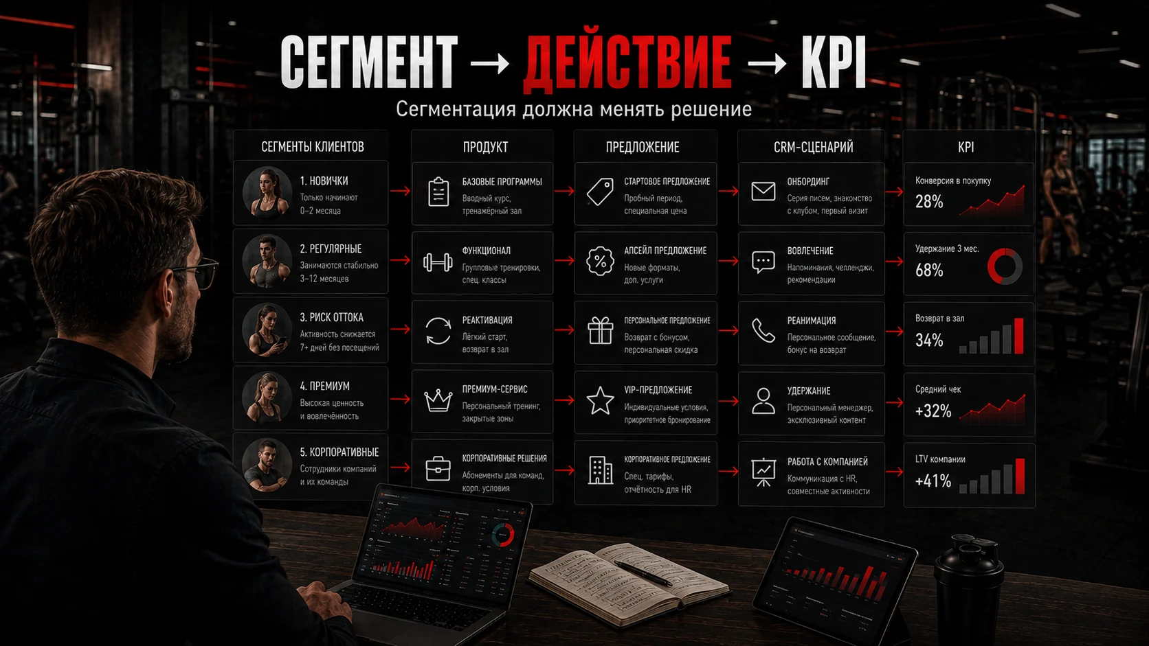 Связь сегмента клиентов с действиями фитнес-клуба и KPI