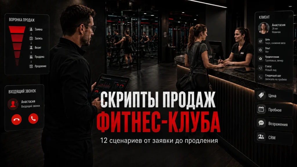 Менеджер фитнес-клуба работает со скриптами продаж и воронкой от заявки до продления