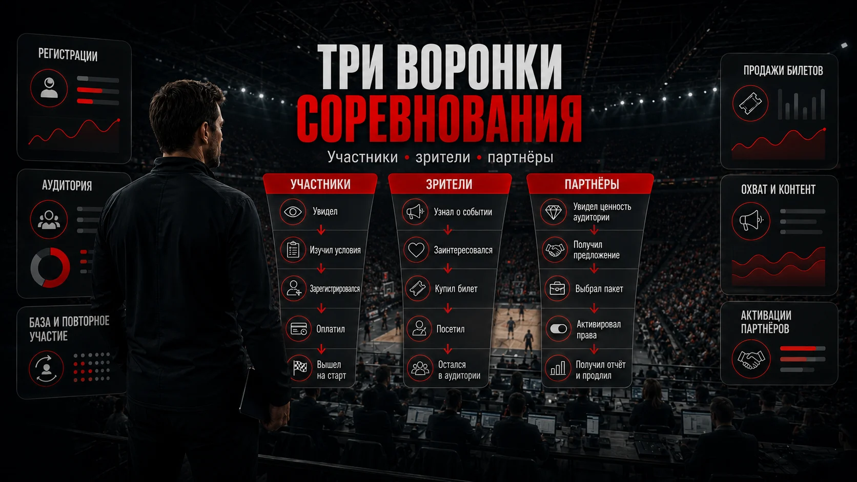 Три воронки спортивного соревнования для участников, зрителей и партнёров